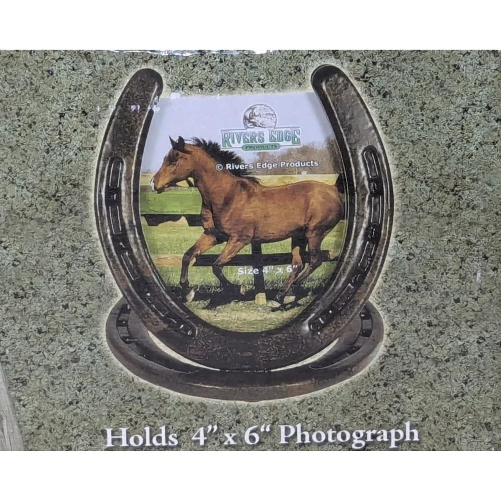 Horseshoe Picture Frame Cast Iron Dark Brown Holds 4 x 6 Photograph Glass Insert